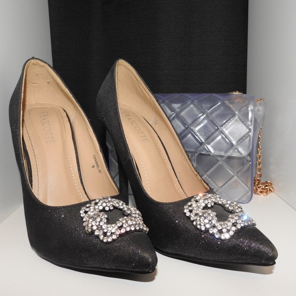 Black Heels - Embellished Square Detailing